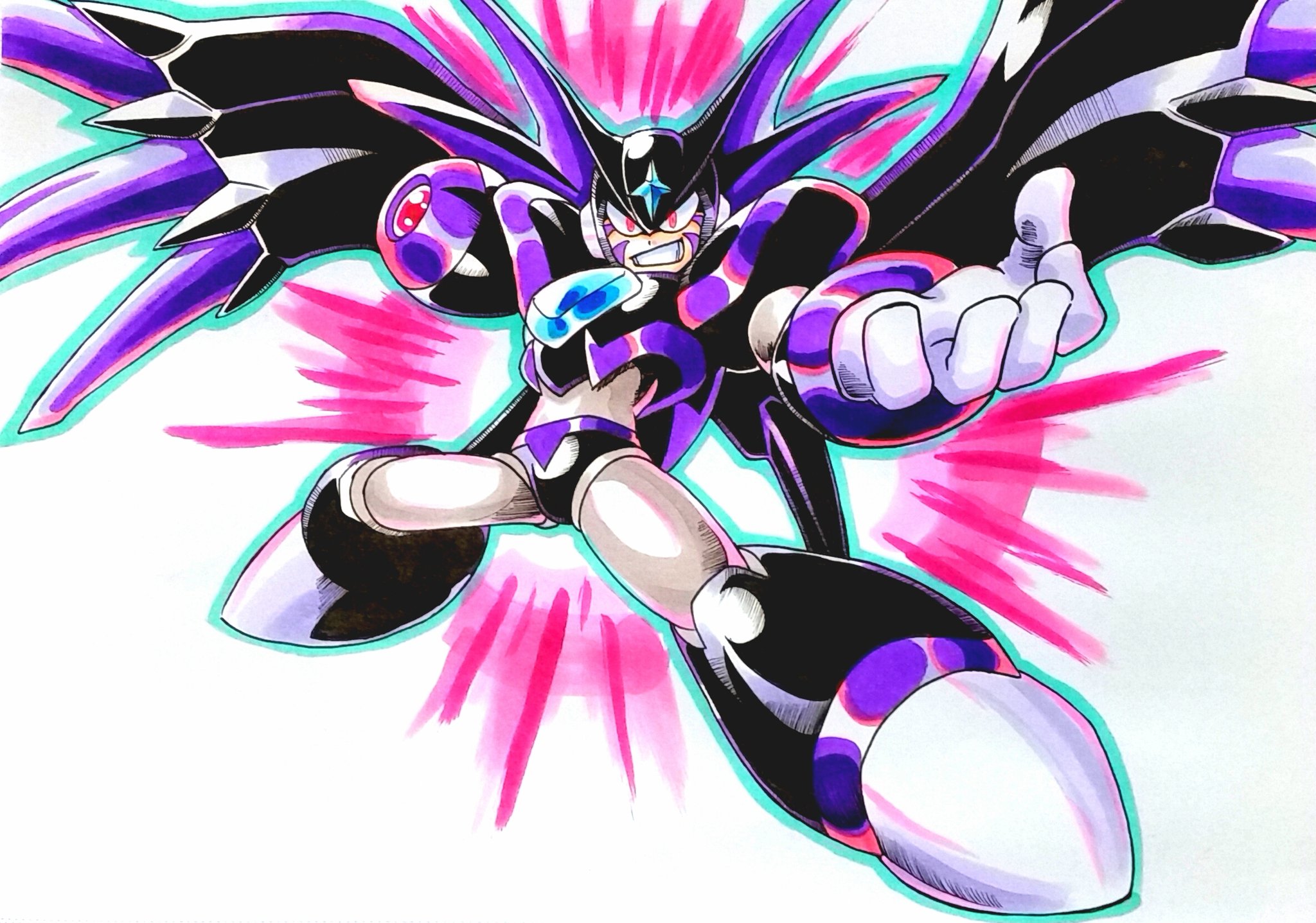 miyako (toykingpaint), bass (mega man), super bass (mega man), mega man (classic), mega man (series), mega man x (series), mega man x dive, highres, marker (medium), traditional media, 1boy, android, arm cannon, armor, aura, black armor, black helmet, chest jewel, evil grin, evil smile, facial mark, fins, forehead jewel, glowing, glowing eyes, grin, head fins, helmet, mechanical wings, powering up, red eyes, robot, robot ears, shoulder armor, simple background, smile, solo, spread wings, teeth, weapon, white background, winged helmet, wings