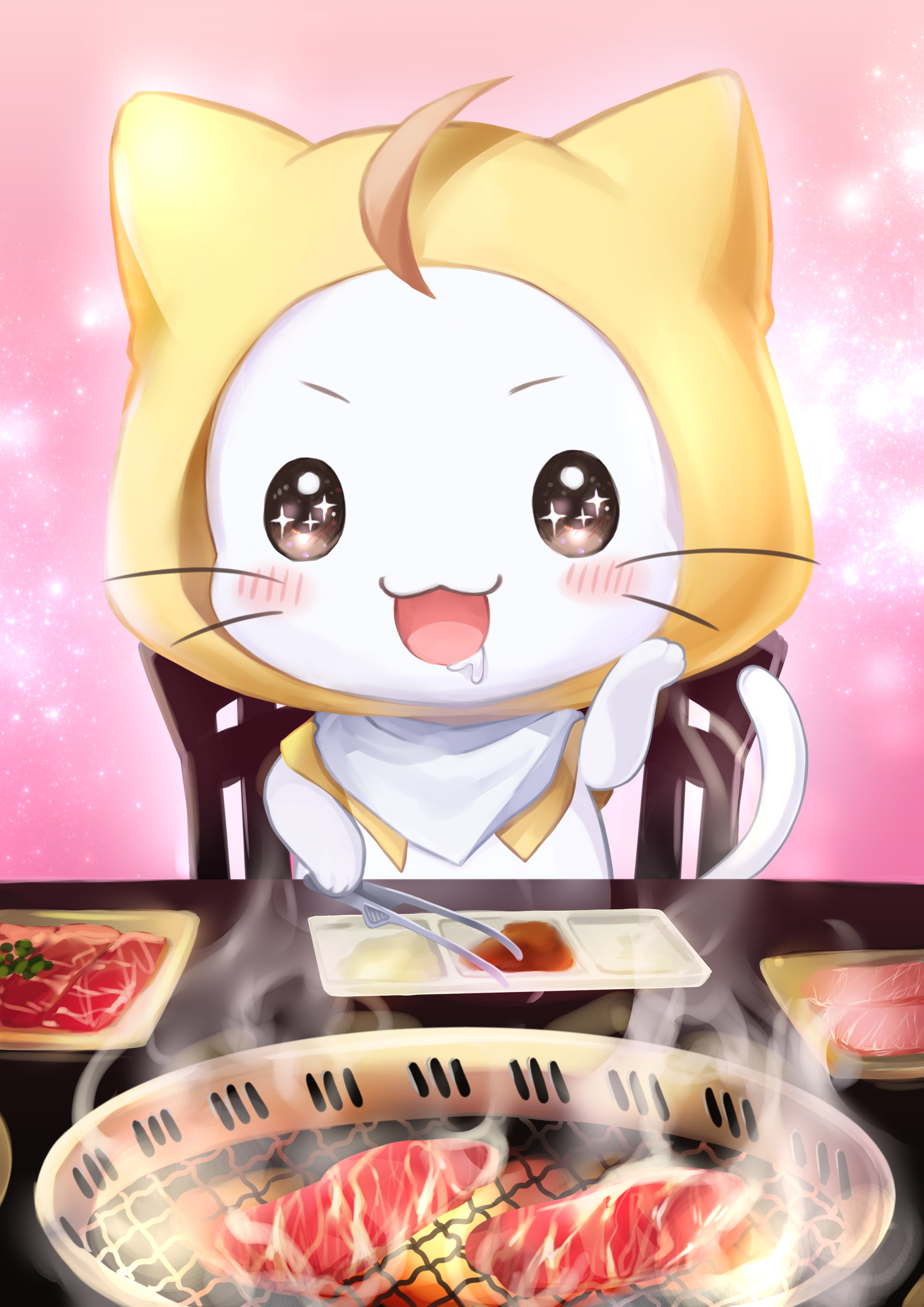 momo (nikki), nikki (series), shining nikki, absurdres, commentary request, highres, ahoge, animal, animal focus, bib, bishie sparkle, blush stickers, brown eyes, cat, chair, cloak, clothed animal, drooling, ear covers, excited, food, grill, hand on own cheek, hand on own face, holding, holding tongs, hood, hood up, hooded cloak, light particles, looking at food, meat, no humans, on chair, open mouth, outline, pink background, plate, sitting, smile, smoke, solid oval eyes, solo, sotogawa yuko, sparkling eyes, table, tongs, whiskers, white cat, white outline, yellow cloak