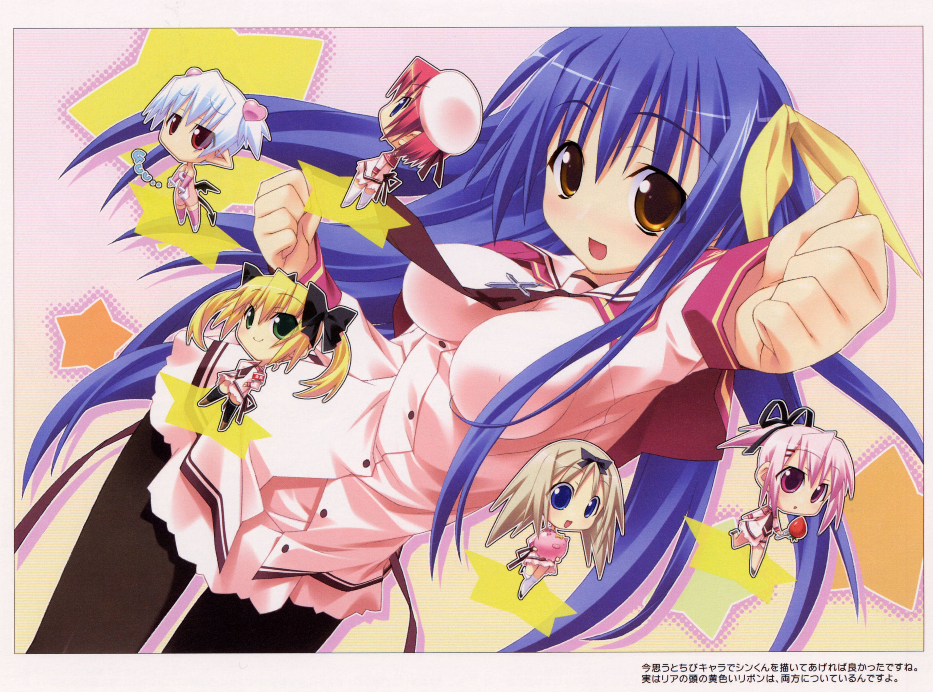 azel, kujou ria, lolotte rosenkreuz, misa brigitta cristelis, sarie, yuugiri nanaka, twinkle crusaders, highres, 6+girls, blonde hair, blue eyes, blue hair, bow, breasts, brown eyes, chibi, everyone, female focus, green eyes, hair bow, hair ribbon, hat, impossible clothes, impossible shirt, long hair, multiple girls, necktie, pantyhose, pink eyes, pink hair, ponytail, purple eyes, red eyes, red hair, ribbon, school uniform, shirt, short hair, short twintails, star (symbol), tail, thighhighs, twintails, white hair, wings, yellow eyes