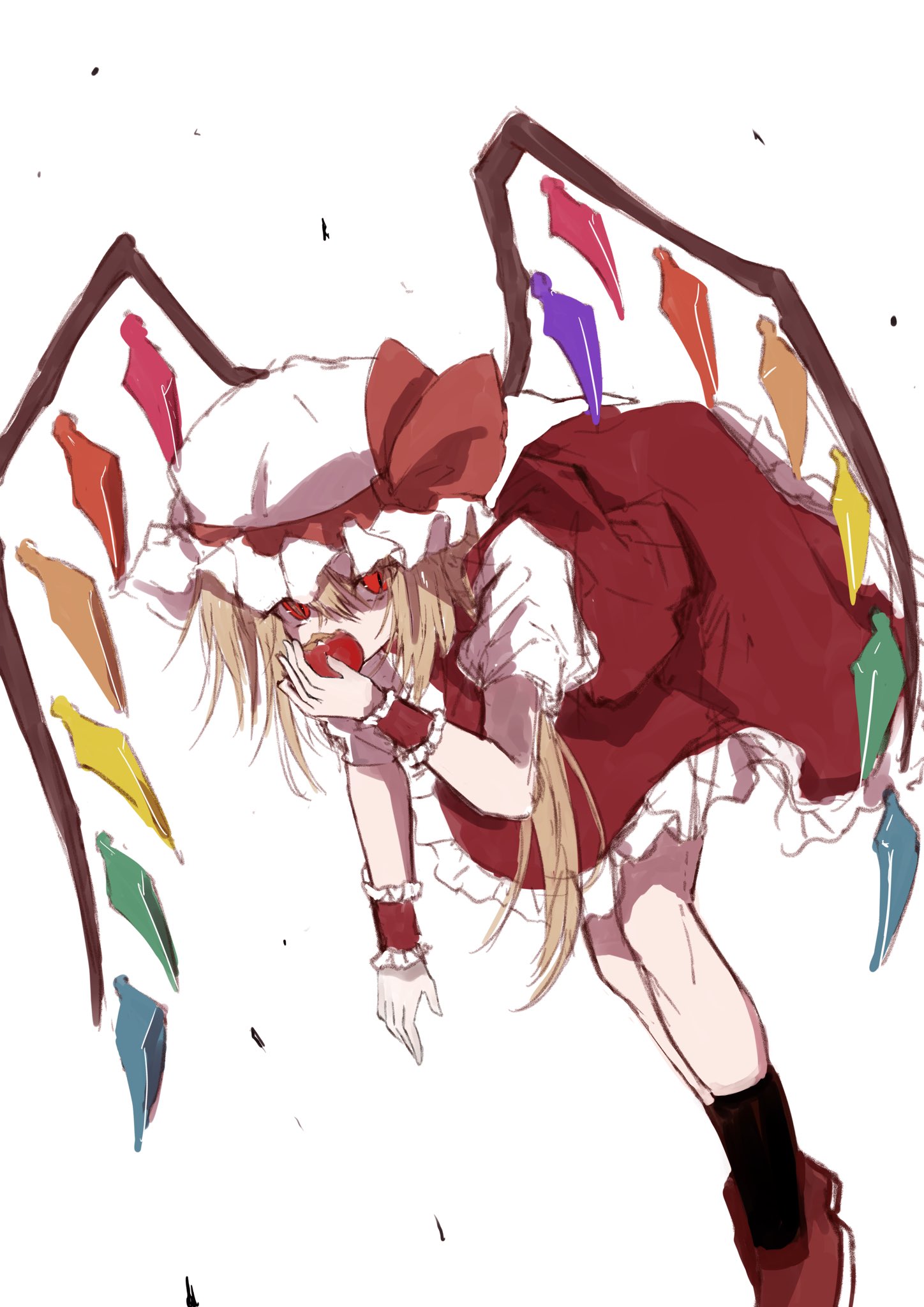 rei rf, flandre scarlet, touhou, highres, 1girl, apple, ascot, bent over, black socks, blonde hair, covered mouth, crystal, crystal wings, eating, food, fruit, hat, hat ribbon, holding, holding food, holding fruit, looking at viewer, mob cap, multicolored wings, one side up, red eyes, red shoes, red skirt, red vest, ribbon, scrunchie, shaded face, shoes, side ponytail, simple background, sketch, skirt, skirt set, socks, solo, vest, white background, white hat, wings, wrist scrunchie, yellow ascot