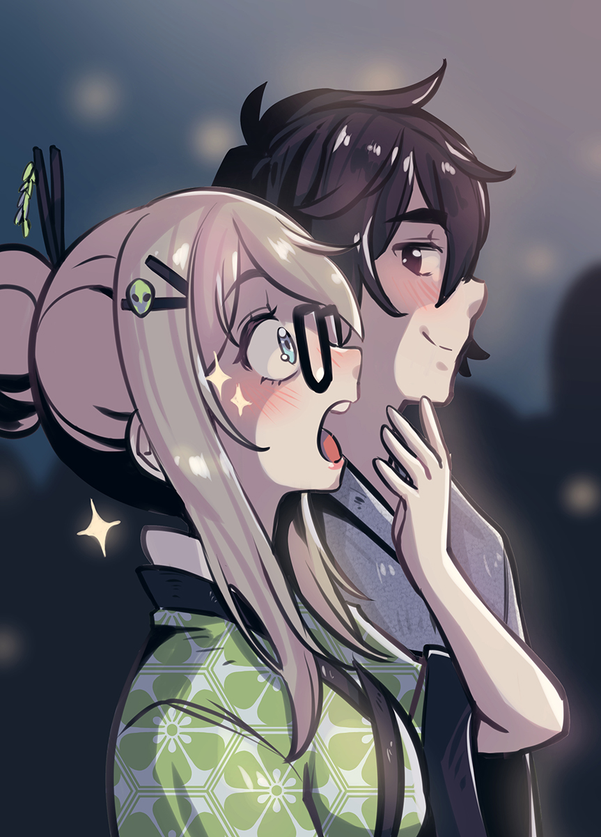 merryweather, parororo, original, commentary, english commentary, highres, 1boy, 1girl, alien hair ornament, alternate hairstyle, black-framed eyewear, black hair, blonde hair, blue eyes, blurry, blurry background, brown eyes, closed mouth, from side, glasses, green kimono, hair bun, hair ornament, hairclip, hand up, japanese clothes, kimono, looking at another, open mouth, sidelocks, sideways glance, single hair bun, smile, sparkle, upper body