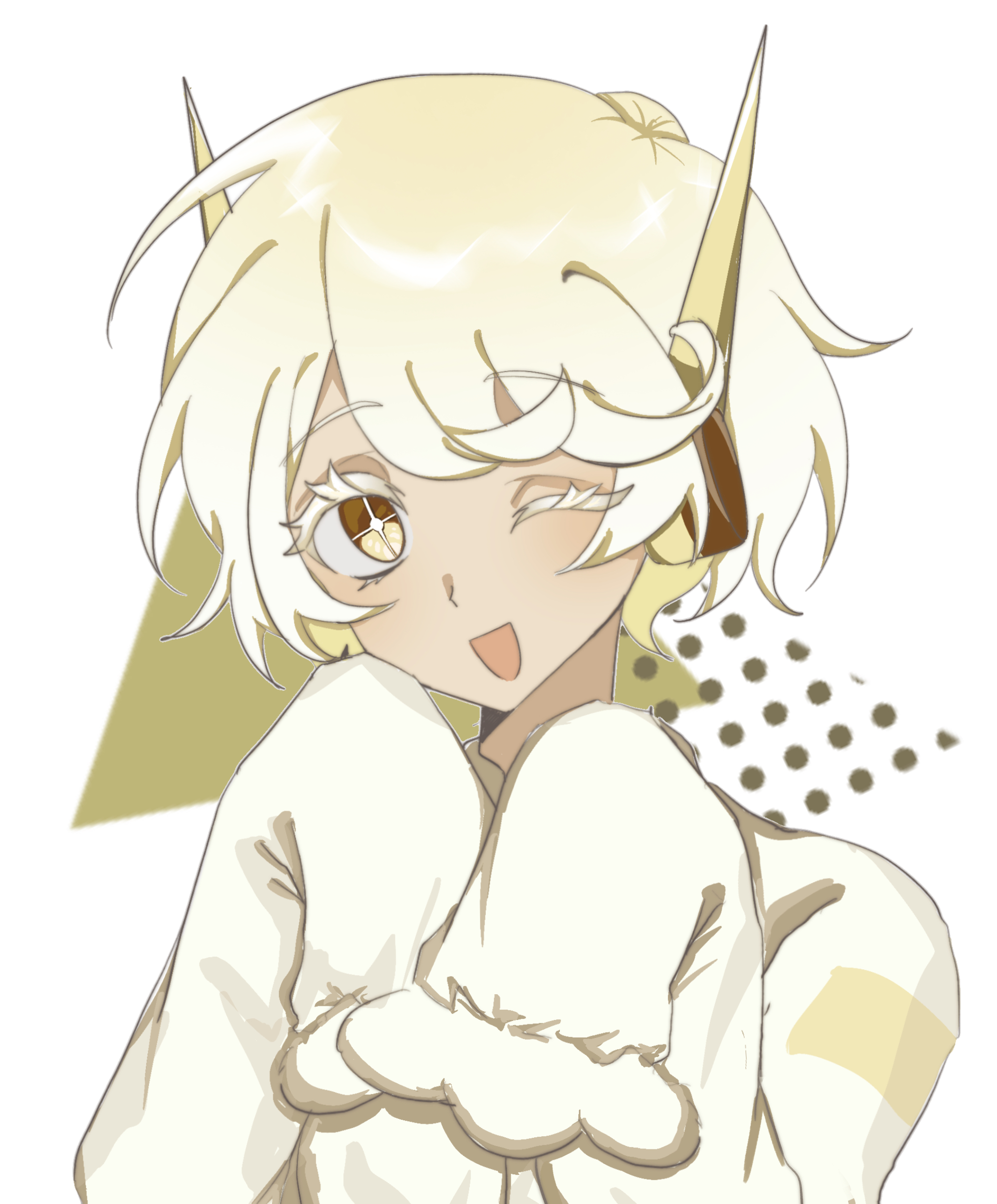 nati7g4, pudding a la mode cookie, cookie run, cookie run: kingdom, absurdres, highres, tagme, 1girl, dress, holographic ears, humanization, long sleeves, looking at viewer, open mouth, short hair, simple background, sleeves past fingers, sleeves past wrists, smile, white background, white dress