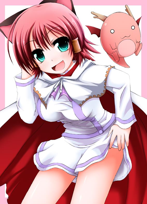 fujisaka lyric, nagami yuu, ruquia, quiz magic academy, animal ears, cat ears, dragon puppy, green eyes, hair ornament, hand on own hip, hip focus, pink hair, solo