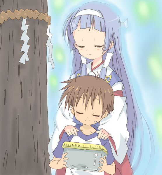 core (mayomayo), mikuriya jin, nagi, kannagi, bad id, bad pixiv id, 00s, 1boy, 1girl, aged down, blunt bangs, closed eyes, hair tubes, hakama, hakama skirt, japanese clothes, miko, red hakama, skirt