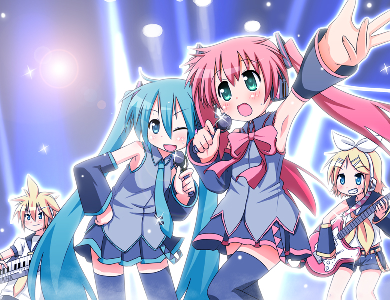 minami (colorful palette), hatsune miku, kagamine len, kagamine rin, kasane teto, sakura koiro, original, utau, vocaloid, 1boy, 3girls, :d, armpits, cosplay, grin, guitar, instrument, kasane teto (cosplay), keyboard, keyboard (instrument), lens flare, microphone, multiple girls, music, one eye closed, open mouth, singing, smile, synthesizer, thighhighs, twintails, wink