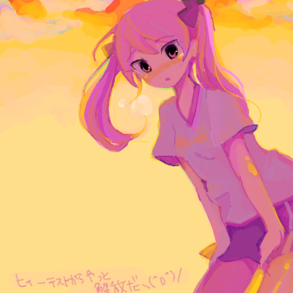 hiwari, hiiragi kagami, lucky star, bad id, bad pixiv id, 00s, blush, gym uniform, long hair, purple eyes, purple hair, solo, twintails