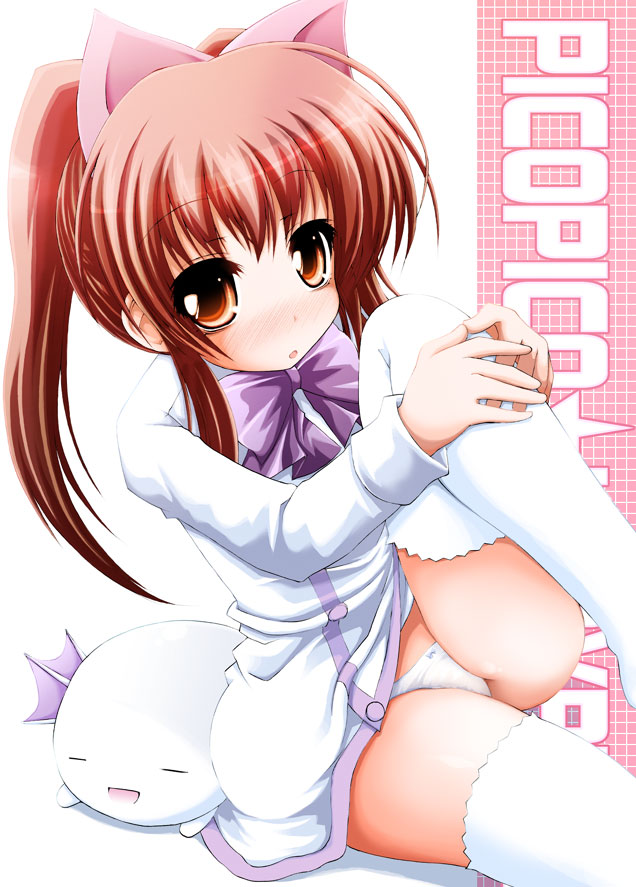 fujisaka lyric, aloe, aloe (quiz magic academy), quiz magic academy, 1girl, :o, animal ears, blush, bow, bowtie, brown eyes, brown hair, cat ears, dragon puppy, dress, female focus, leg up, looking at viewer, nose blush, panties, pantyshot, sitting, solo, thighhighs, underwear, white dress, white panties, white thighhighs