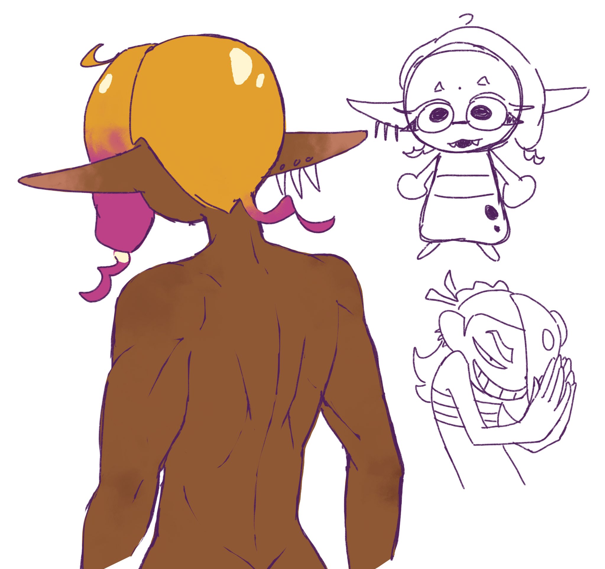 boffix, frye (splatoon), shiver (splatoon), nintendo, splatoon (series), splatoon 3, highres, 2girls, bare arms, bare shoulders, blonde hair, chest sarashi, chibi, circle hands, dark-skinned female, dark skin, dimples of venus, earrings, evil smile, fangs, from behind, furrowed brow, gradient hair, inkling, jewelry, long hair, long pointy ears, multicolored hair, multiple earrings, multiple girls, nude, octoling, pointy ears, purple hair, rubbing hands together, sarashi, short eyebrows, smile, tentacle hair, toned, toned female, tooth earrings, white background