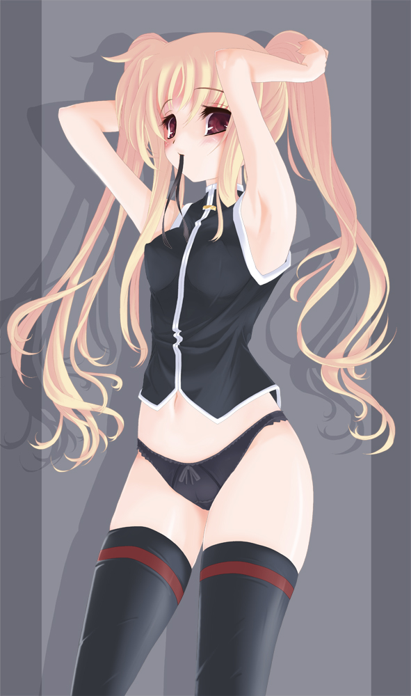 frapowa, fate testarossa, fate testarossa (impulse form), lyrical nanoha, mahou shoujo lyrical nanoha, 00s, black panties, mouth hold, panties, solo, thighhighs, underwear