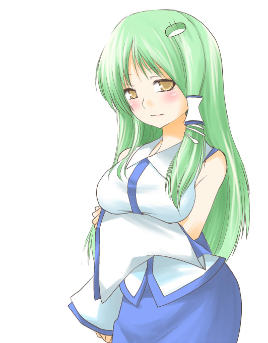 hane (hanegoya), kochiya sanae, touhou, 1girl, blush, breasts, detached sleeves, female focus, green hair, hair ornament, long hair, simple background, skirt, solo, white background, yellow eyes