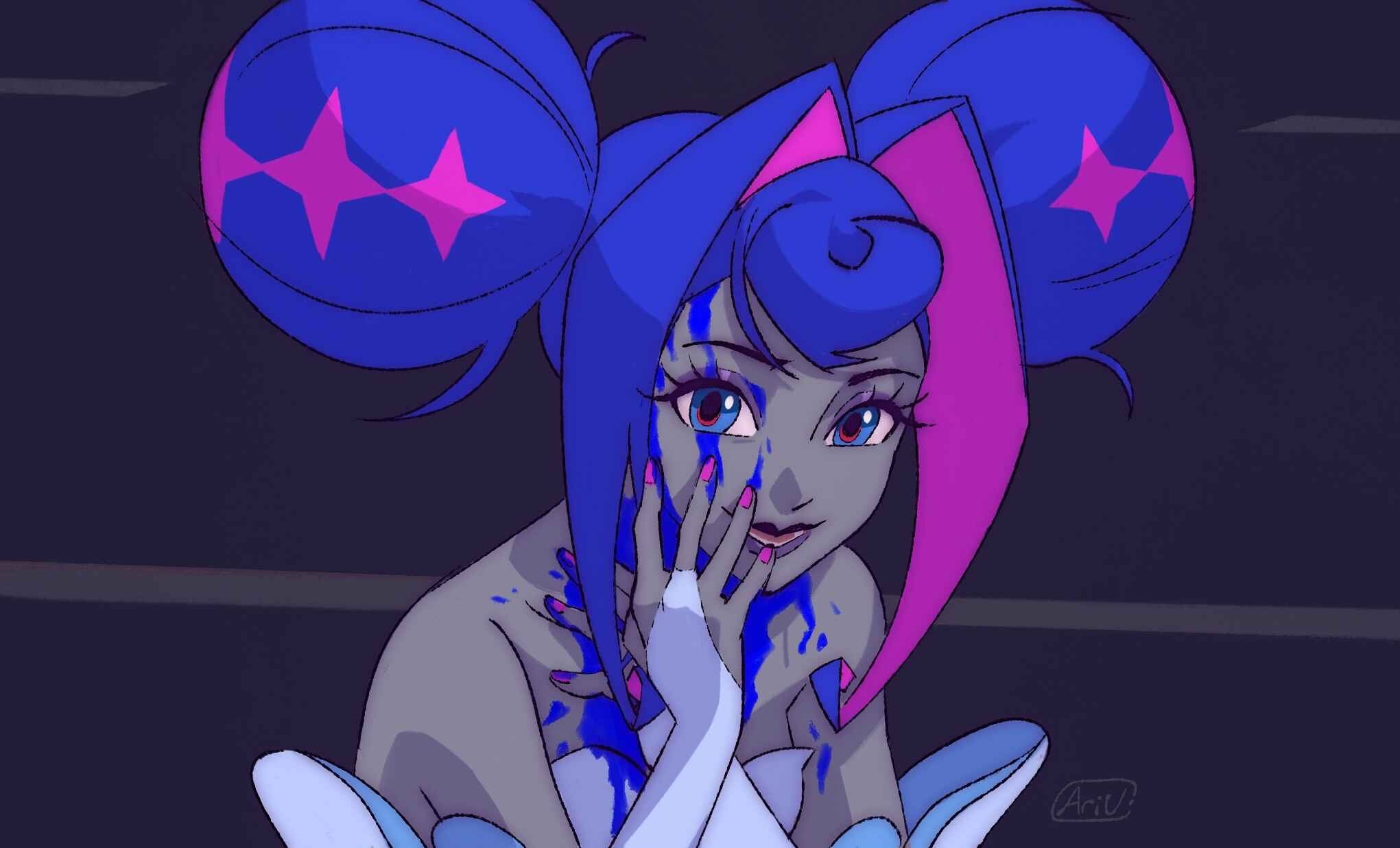 ari vsart, princess guinevere, knights of guinevere, perfect blue, derivative work, highres, screenshot redraw, 1girl, bare shoulders, blood, blood on face, blue blood, blue eyes, blue hair, colored inner hair, colored skin, double bun, dress, eyelashes, eyeshadow, fingernails, grey skin, hair bun, hair intakes, lips, makeup, multicolored hair, nail polish, pink nails, smile, solo, white dress