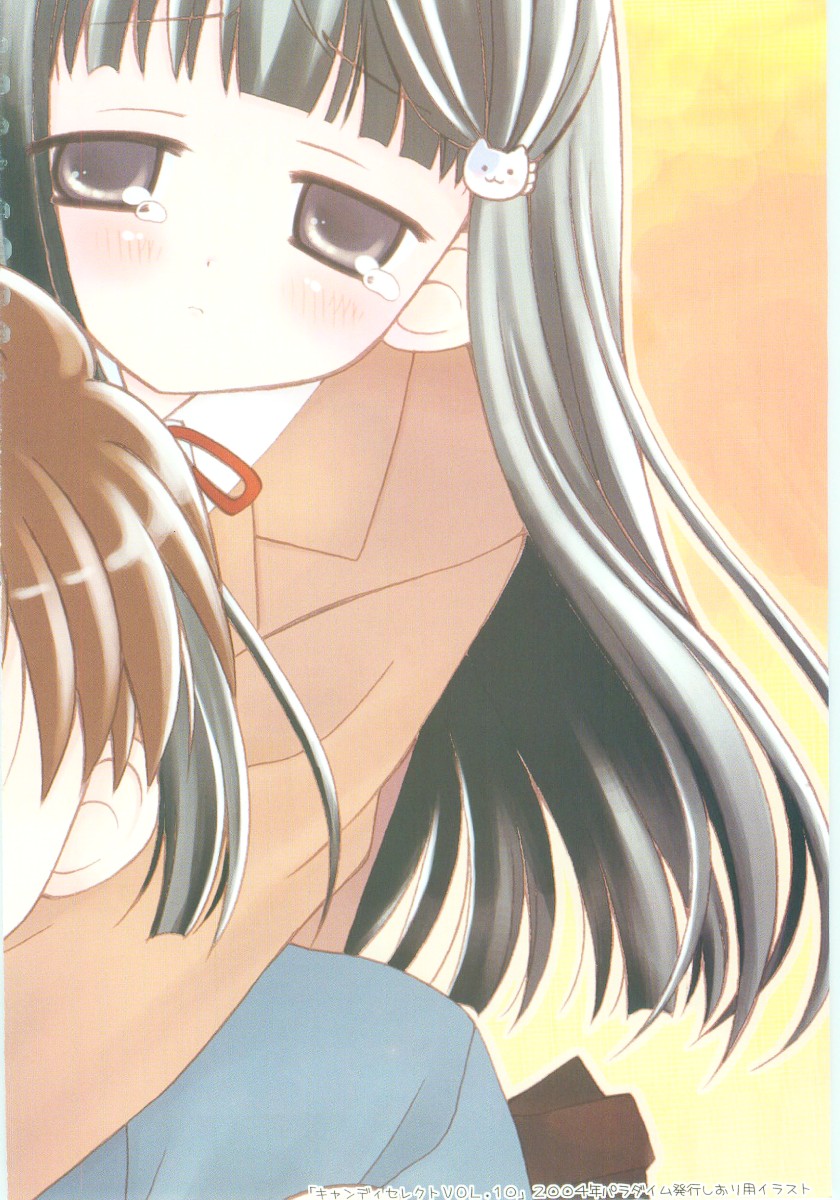 chinjao roosu, highres, non-web source, blush, carrying, hair ornament, hairclip, long hair, piggyback, school uniform, tears