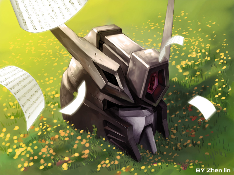 zhenlin, blitz gundam, gundam, gundam seed, 00s, flower, grass, helmet, meadow, mecha, no humans, paper, robot, sheet music