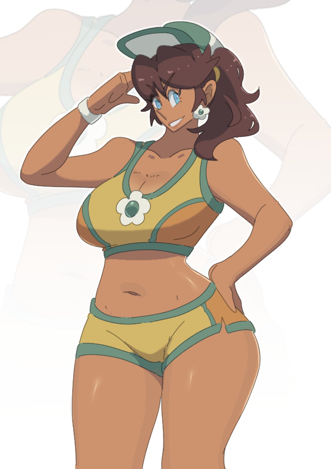leedraw11, princess daisy, princess daisy (swimwear) (mario kart world), mario (series), mario kart, mario kart world, nintendo, 1girl, bare shoulders, breasts, brown hair, cleavage, earrings, flower earrings, hand on own hip, jewelry, large breasts, navel, ponytail, short hair, solo, swimsuit, thick thighs, thighs, visor cap