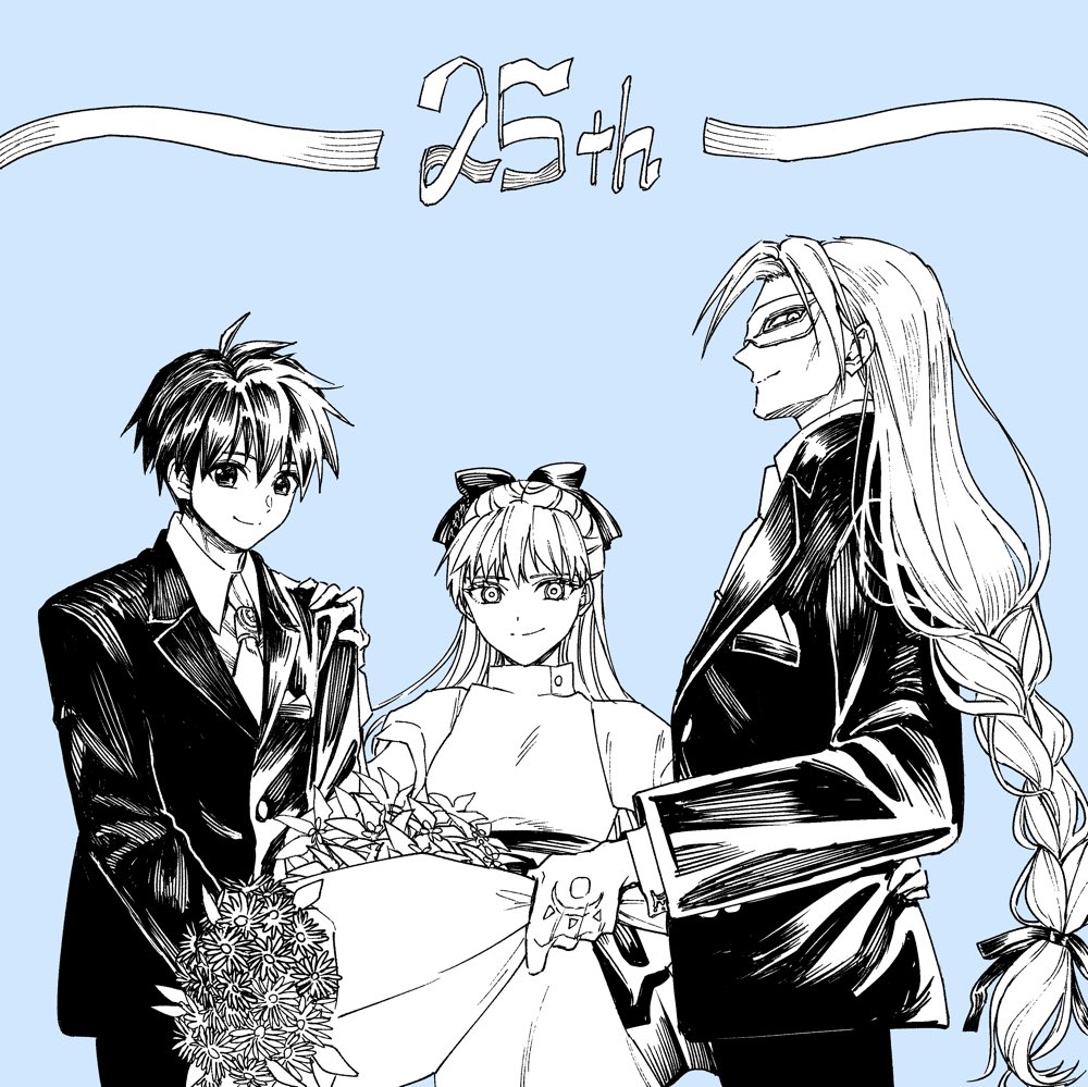 akitaka (s asai), guile (chrono cross), kid (chrono cross), serge (chrono cross), chrono cross, radical dreamers, 1girl, 2boys, anniversary, bouquet, bow, braid, closed mouth, eye mask, flower, formal clothes, greyscale, hair bow, holding, holding bouquet, long hair, looking at viewer, monochrome, multiple boys, skirt, smile, suit