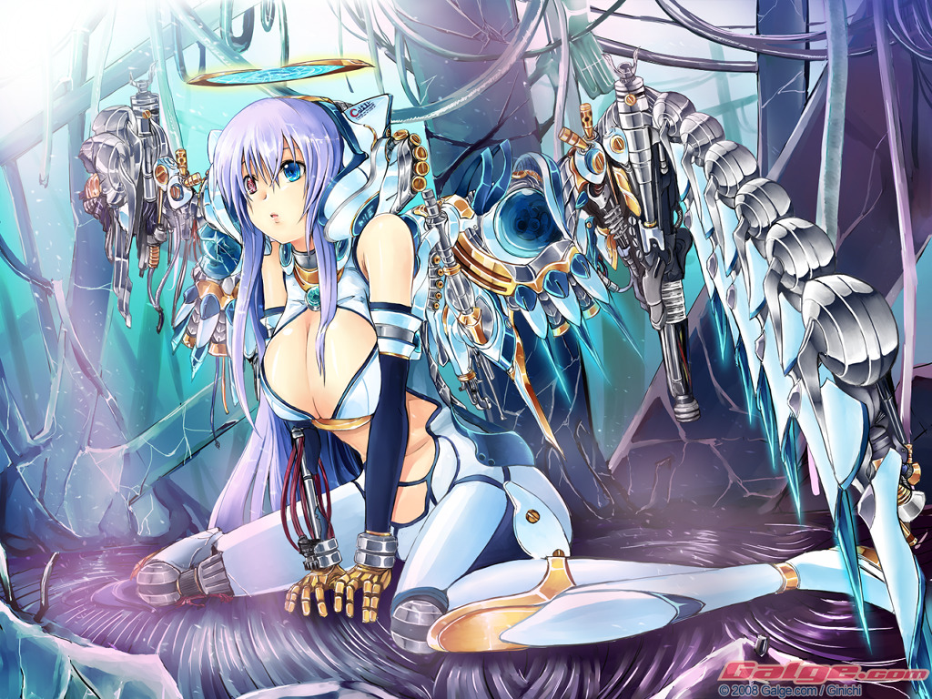 gin'ichi (akacia), ginichi, galge.com, 1girl, 2008, android, angel, breasts, breasts squeezed together, cleavage, detached sleeves, female focus, halo, heterochromia, huge breasts, joints, long hair, mecha musume, mechanical wings, purple hair, robot, robot joints, solo, wings