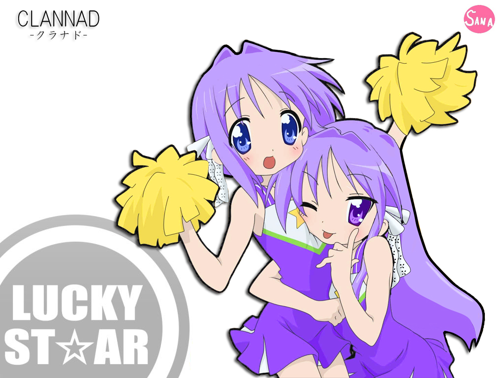 rakisana, fujibayashi kyou, fujibayashi ryou, hiiragi kagami, hiiragi tsukasa, clannad, kyoto animation, lucky star, 2girls, cheerleader, company connection, cosplay, crossover, hug, long hair, look-alike, multiple girls, one eye closed, pom pom (cheerleading), purple hair, short hair, siblings, sisters, tongue, twins, wink