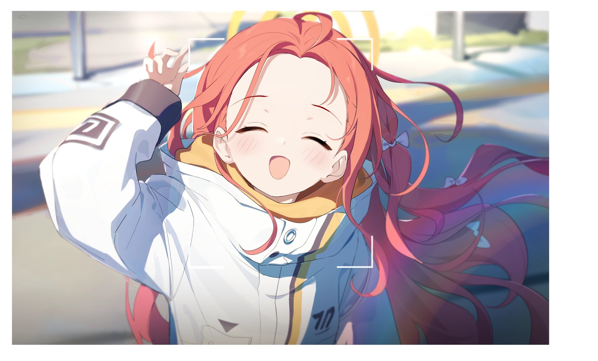 2t (vmyz7342), yuzu (blue archive), blue archive, highres, 1girl, :d, blurry, blurry background, blush, border, bow, closed eyes, depth of field, facing viewer, forehead, hair bow, halo, hand up, happy, jacket, long hair, long sleeves, millennium science school logo, multiple hair bows, open mouth, orange halo, outdoors, red hair, smile, solo, upper body, very long hair, viewfinder, white border, white bow, white jacket, yellow halo