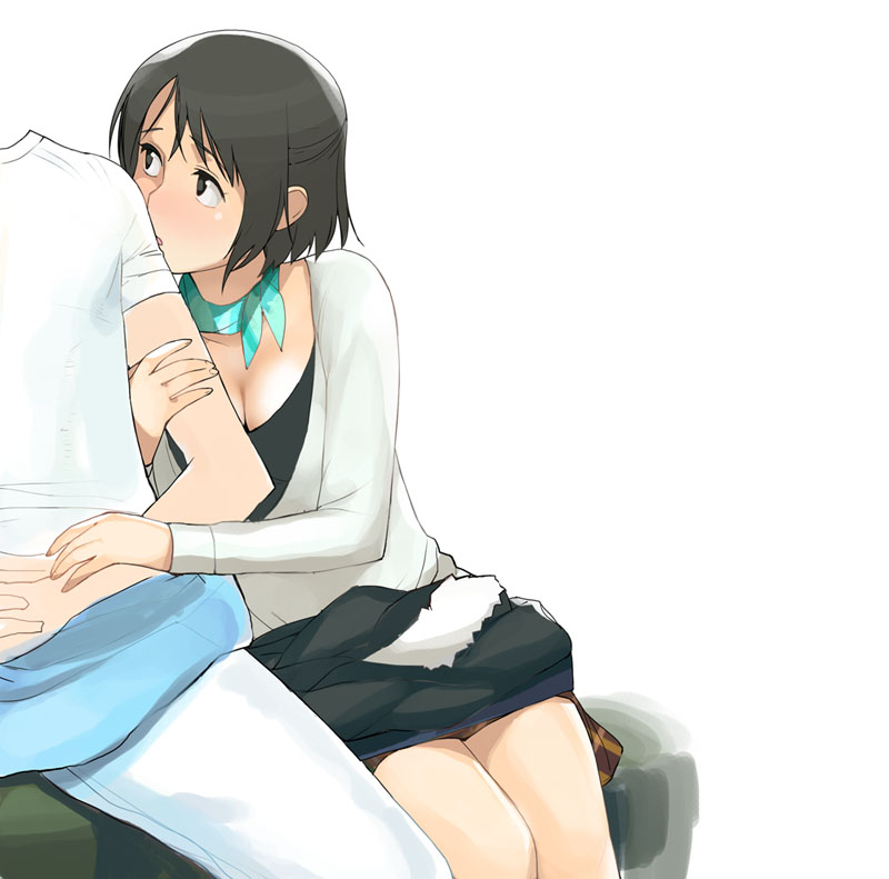 a1 (initial-g), arm grab, 1boy, 1girl, ascot, black hair, blush, breasts, cleavage, cuddling, holding another's arm, looking at another, looking to the side, short hair, skirt, solo focus