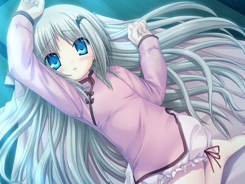 noumi kudryavka, little busters!, silver hair, aqua eyes, blush, long hair, lying, solo, very long hair