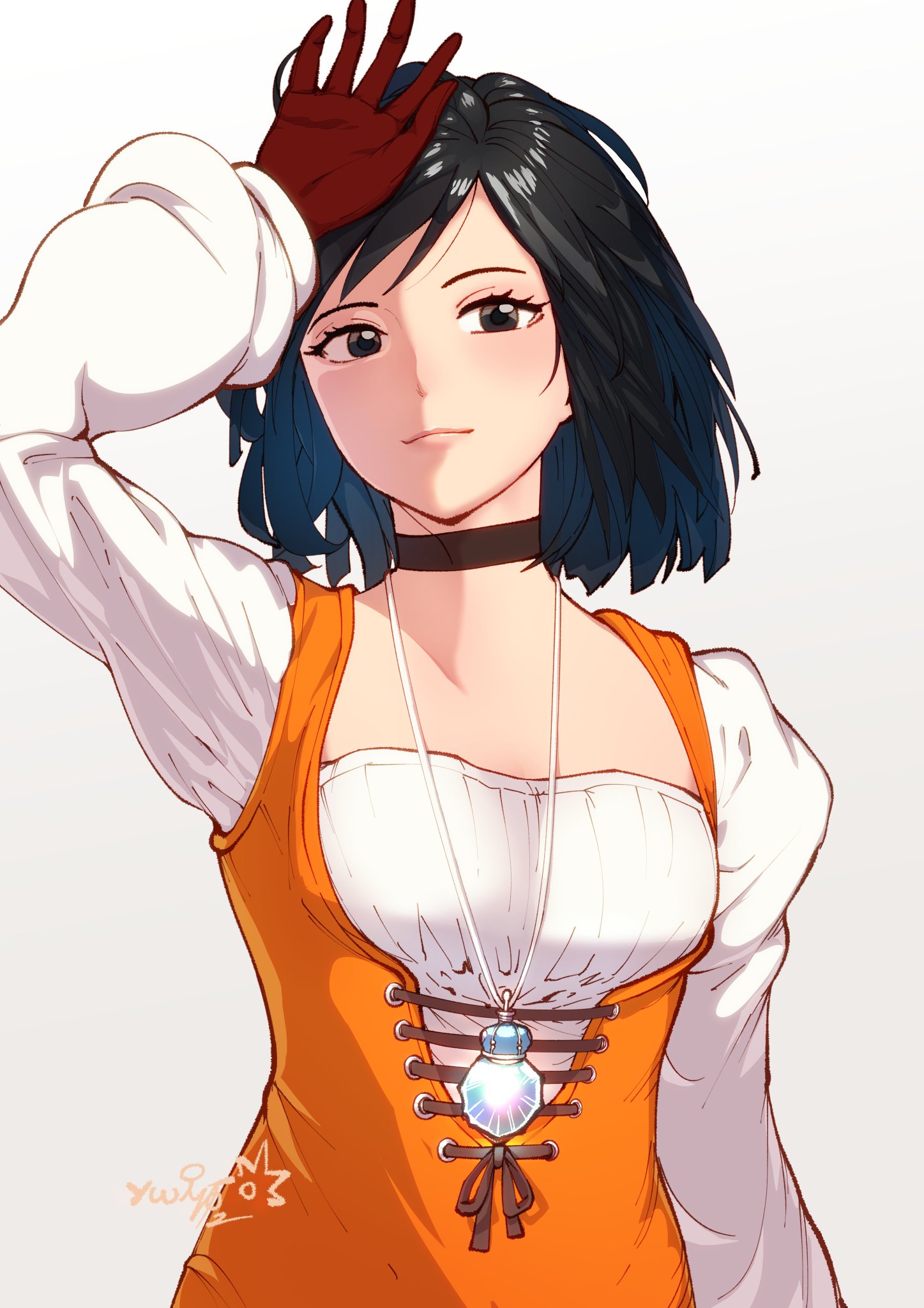 chienon, garnet til alexandros xvii, final fantasy, final fantasy ix, highres, 1girl, black hair, bodysuit, choker, closed mouth, gloves, jewelry, lips, long sleeves, looking at viewer, necklace, orange bodysuit, puffy sleeves, short hair, simple background, solo, white background