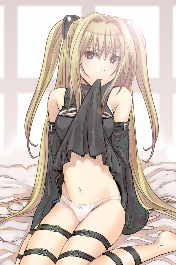 3u, konjiki no yami, to love-ru, bad id, bad pixiv id, 00s, 1girl, barefoot, bed, belt, blonde hair, bow, bow panties, clothes in mouth, clothes lift, detached sleeves, female focus, long hair, mouth hold, navel, panties, sitting, skirt, skirt in mouth, skirt lift, solo, thigh strap, twintails, two side up, underwear, upskirt, white panties