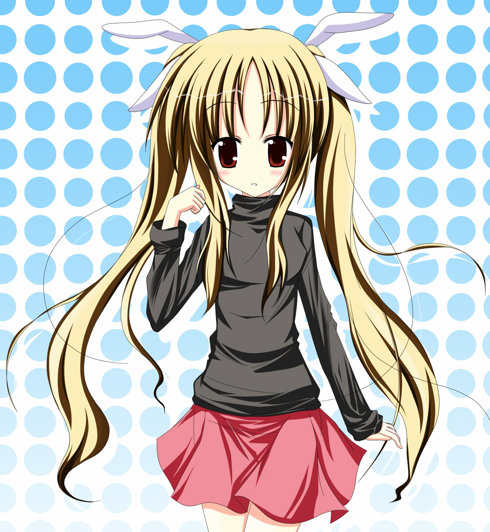 fate testarossa, lyrical nanoha, mahou shoujo lyrical nanoha, 00s, blonde hair, long hair, red eyes, ribbon, solo, twintails, very long hair