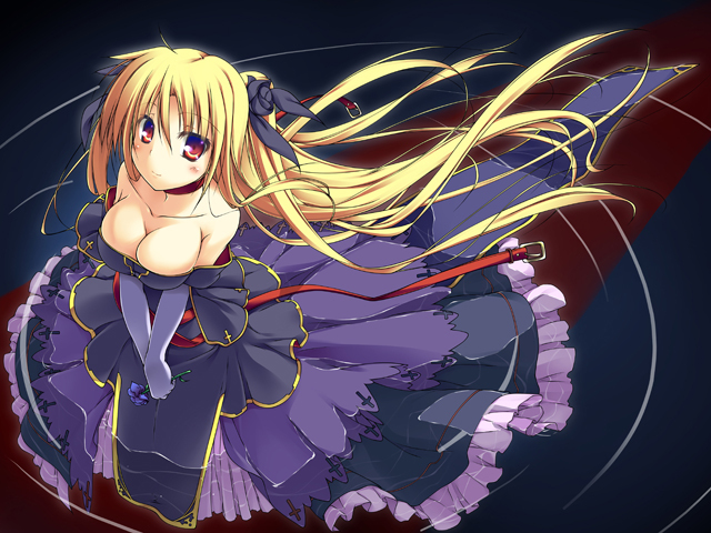 t-ray, fate testarossa, lyrical nanoha, mahou shoujo lyrical nanoha, mahou shoujo lyrical nanoha strikers, unfinished, 00s, 1girl, bare shoulders, blonde hair, breasts, cleavage, dress, female focus, from above, gloves, large breasts, long hair, red eyes, ribbon, solo, twintails, very long hair, water