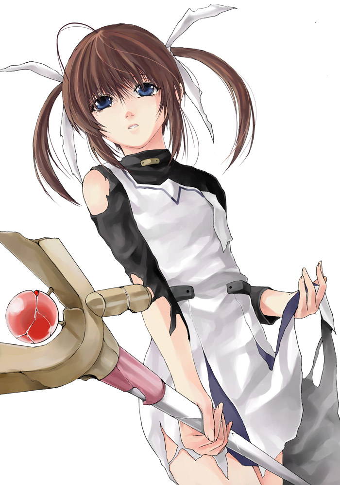 raid slash, raising heart, raising heart (shooting mode), takamachi nanoha, takamachi nanoha (original mode), lyrical nanoha, mahou shoujo lyrical nanoha, uniform, 00s, 1girl, blue eyes, blush, brown hair, dutch angle, female focus, gem, hip focus, looking at viewer, rod, sidelocks, simple background, solo, staff, standing, torn clothes, twintails, white background