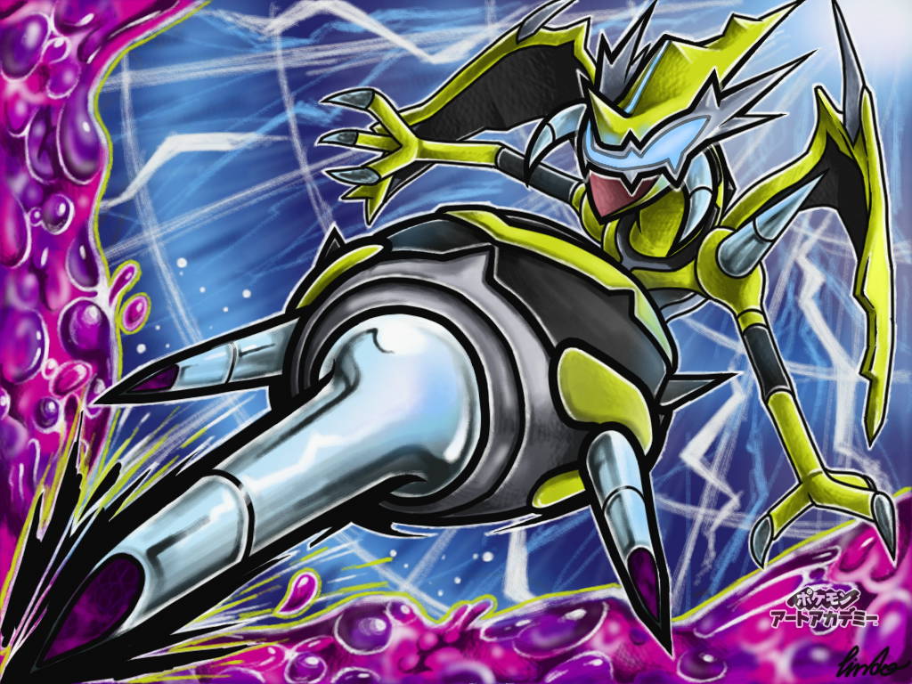 rindou (l2 pkmn), naganadel, nintendo, pokemon, pokemon art academy, commentary request, alternate color, art academy (medium), claws, full body, gen 7 pokemon, no humans, open mouth, poison, pokemon (creature), pokemon focus, shiny pokemon, signature, solo, stinger, ultra beast, wings