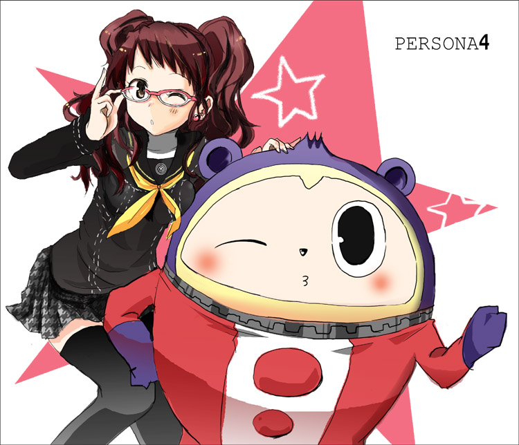 aki (saprism), kujikawa rise, kuma (persona 4), atlus, persona, persona 4, black eyes, blush, brown eyes, brown hair, glasses, long hair, one eye closed, red hair, school uniform, skirt, thighhighs, twintails, wink