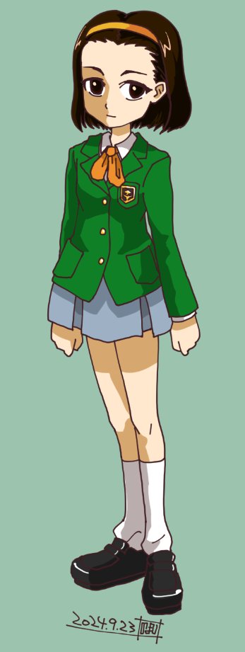 nohashi (travel frontier), midoushima yuu, clock tower (series), clock tower ghost head, 1girl, brown eyes, brown hair, closed mouth, dated, full body, green jacket, hairband, jacket, looking at viewer, pleated skirt, school uniform, short hair, simple background, skirt, socks, solo, white socks