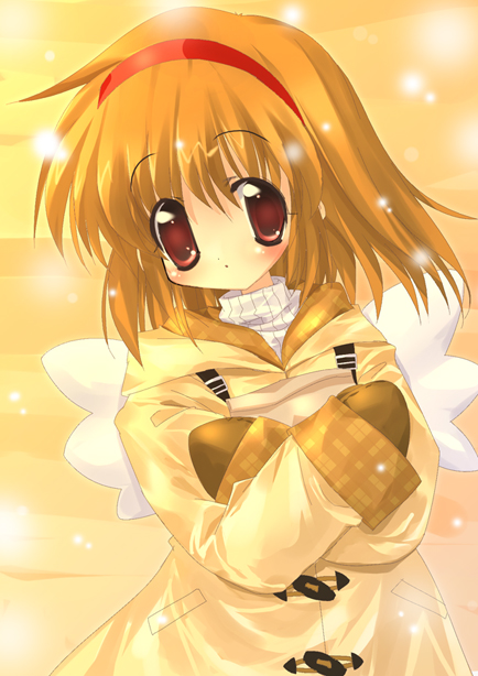 tsukimiya ayu, kanon, blush, hairband, mittens, orange hair, red eyes, short hair, snow, solo, wings