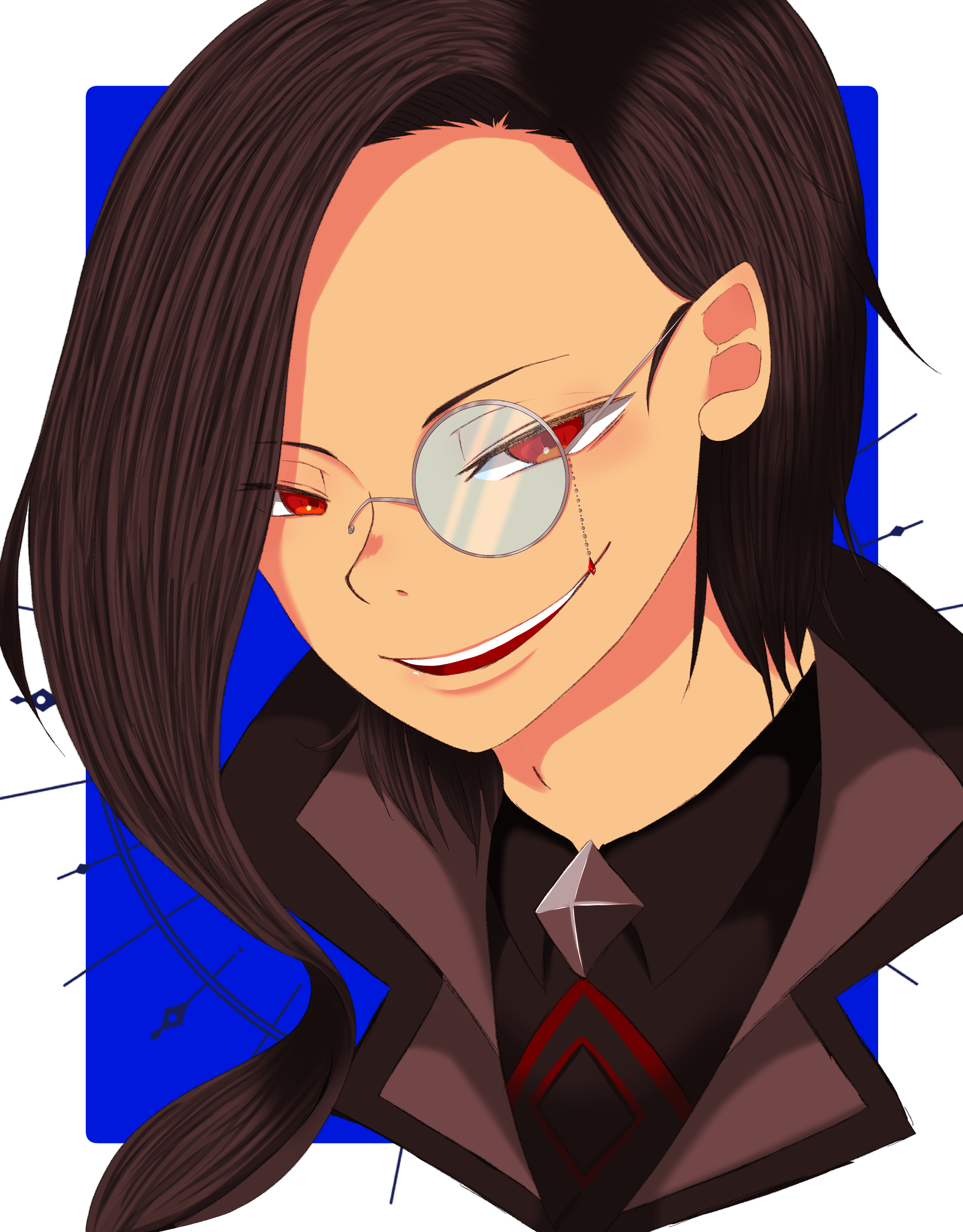 nikki (series), shining nikki, absurdres, commentary request, highres, 1boy, asymmetrical hair, black hair, black shirt, blue background, border, coat, collared coat, collared shirt, cropped shoulders, diamond brooch, evil smile, forehead, grey-framed eyewear, grey coat, lapels, light blush, long hair, male focus, monocle, nightbane (shining nikki), notched lapels, open mouth, outside border, red eyes, reza (mi rezaami), round eyewear, shirt, smile, smug, solo, tan, teeth, tsurime, upper teeth only, white border