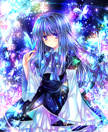 yakumo rui, frederica bernkastel, umineko no naku koro ni, bad id, bad pixiv id, 00s, blue hair, bug, butterfly, cat tail, dress, insect, long hair, purple eyes, ribbon, solo, tail