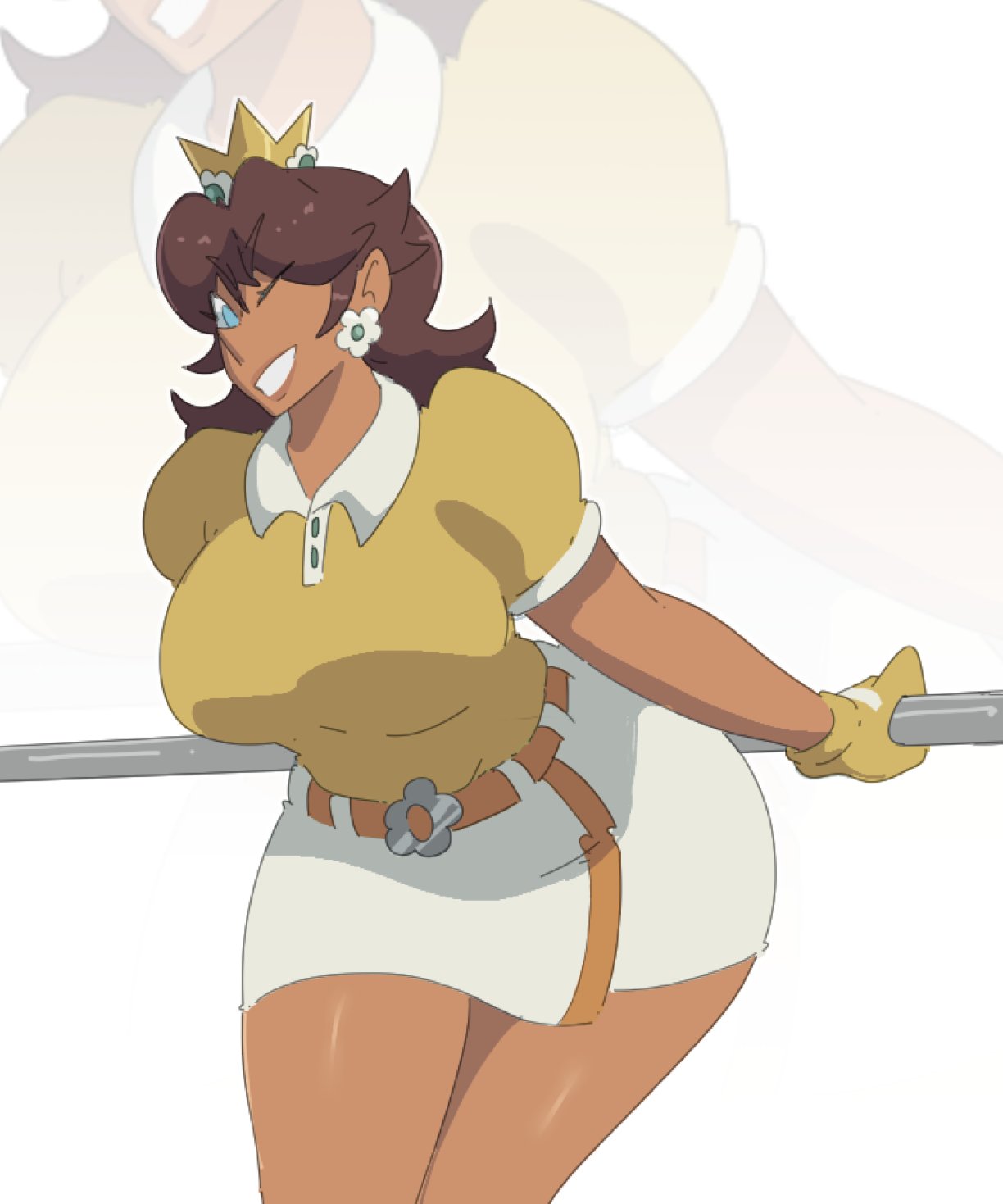 leedraw11, princess daisy, princess daisy (super rush), mario (series), mario golf, mario golf: super rush, nintendo, 1girl, blue eyes, breasts, brown hair, crown, earrings, flower earrings, golf club, golf uniform, jewelry, large breasts, looking at viewer, one eye closed, short hair, skirt, solo, thighs