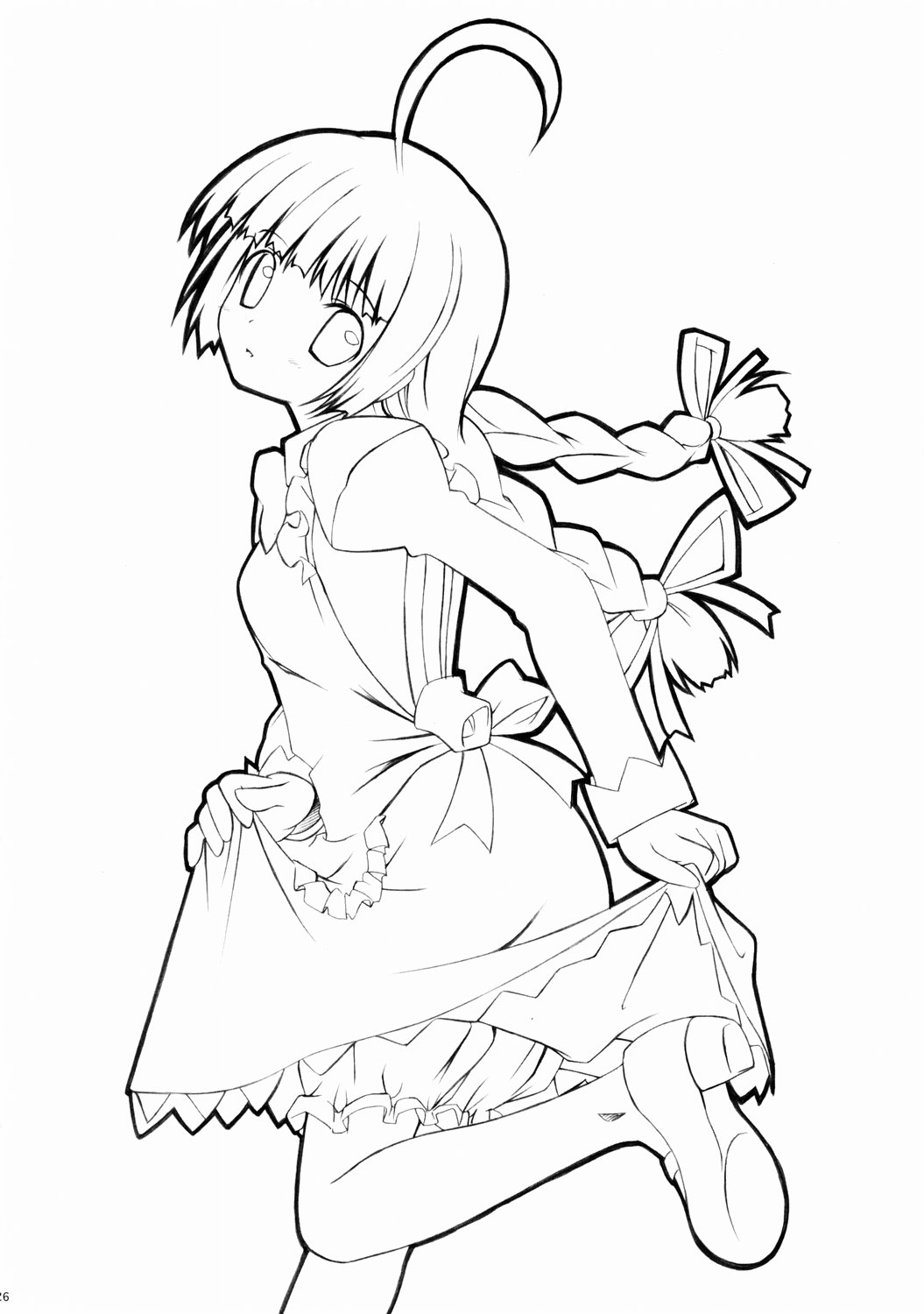 takayaki, me-tan, os-tan, highres, ahoge, bloomers, braid, clothes lift, greyscale, monochrome, skirt, skirt lift, solo, twin braids, underwear