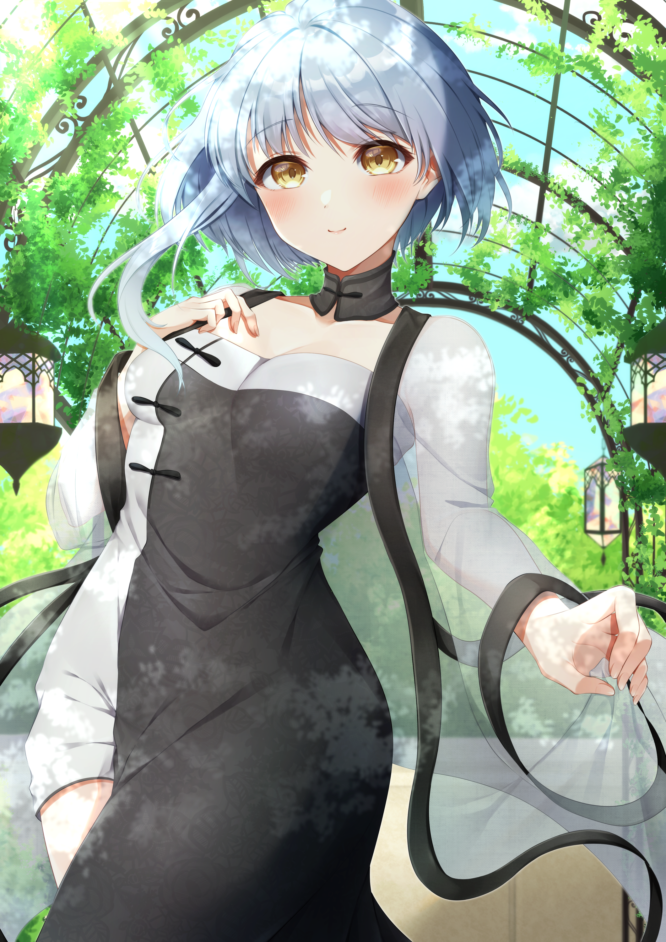 nagura shiro, nikki (series), shining nikki, absurdres, highres, 1girl, black dress, blue sky, breasts, cleavage, closed mouth, cowboy shot, day, dot nose, dress, fence, garden, grey hair, hand on own chest, happy, jacket, lantern, light blush, long dress, long sleeves, medium breasts, open clothes, open jacket, outdoors, see-through clothes, see-through jacket, see-through sleeves, short hair with long locks, side slit, single sidelock, sky, smile, solo, standing, strapless, strapless dress, tight clothes, tight dress, tree, two-tone dress, white dress, white jacket, wide sleeves, yellow eyes, yexiao (shining nikki)