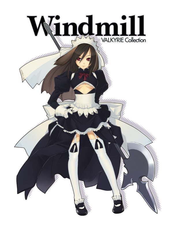 mishima yoshikatsu, bad id, bad pixiv id, 1girl, animal ears, axe, breasts, brown hair, female focus, garter belt, legs, long hair, maid, medium breasts, red eyes, solo, thighhighs, underboob, weapon, white thighhighs