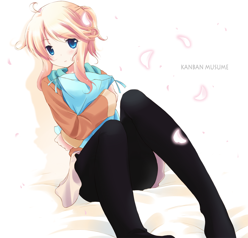 komone ushio, esia mariveninne (komone ushio), original, bad id, bad pixiv id, 1girl, ahoge, black pantyhose, blonde hair, blue eyes, blush, cherry blossoms, female focus, hugging object, long sleeves, looking at viewer, pantyhose, petals, pillow, pillow hug, ponytail, simple background, sitting, solo, white background