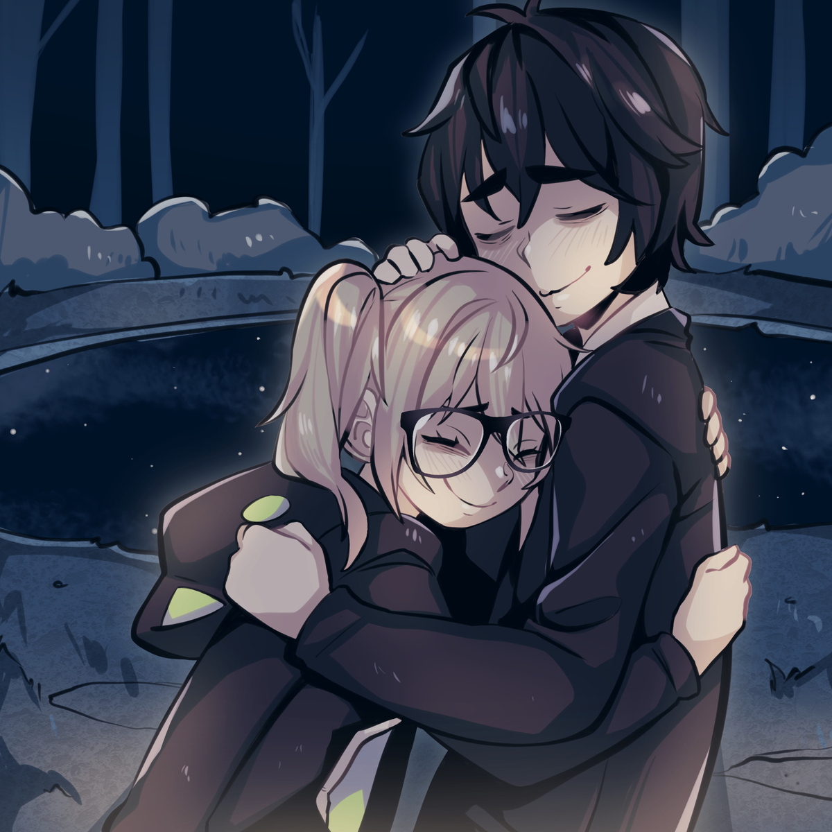 merryweather, parororo, original, commentary, english commentary, highres, 1boy, 1girl, animal hood, black-framed eyewear, black hair, black hoodie, black jacket, blazer, blonde hair, cat hood, closed eyes, closed mouth, glasses, hand on another's head, hood, hood down, hoodie, hug, jacket, school uniform, smile, twintails, upper body