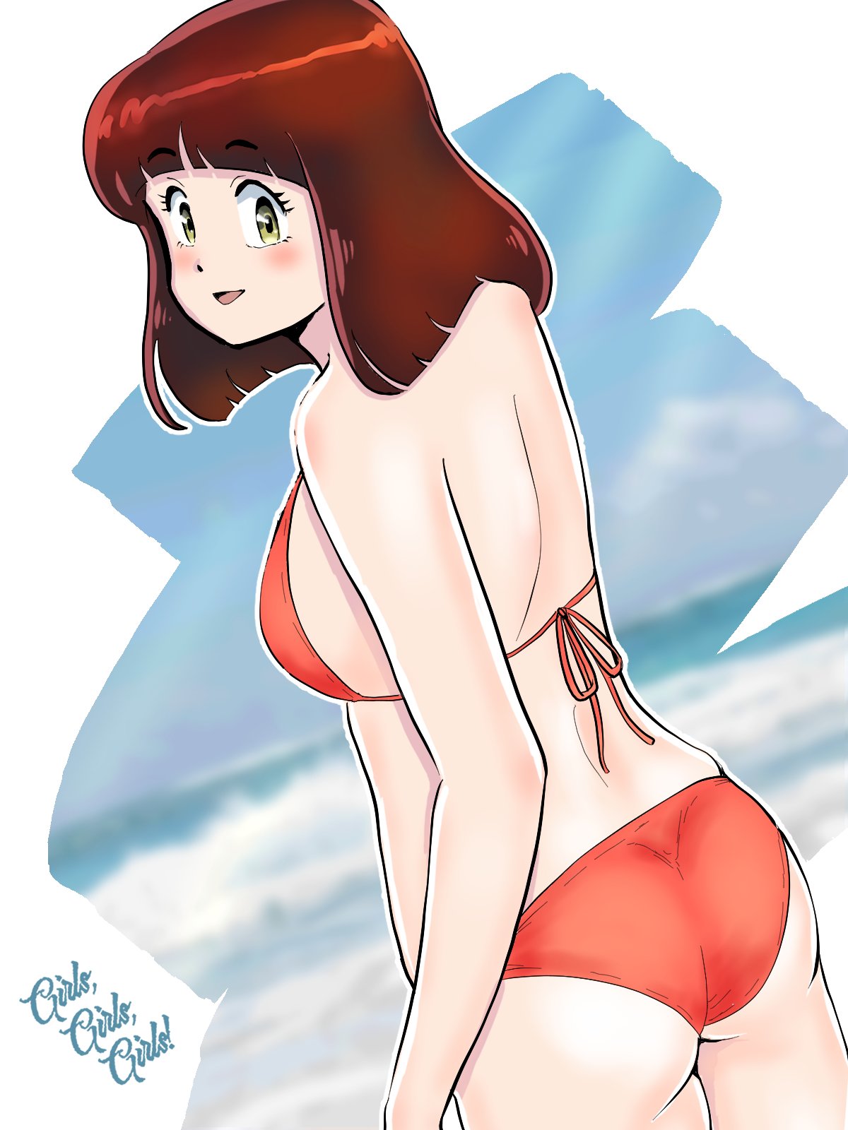 kenken28937178, miyake shinobu, urusei yatsura, commentary request, highres, 1girl, ass, bikini, blush, breasts, brown hair, from behind, green eyes, large breasts, looking at viewer, looking back, red bikini, short hair, sideboob, smile, solo, swimsuit