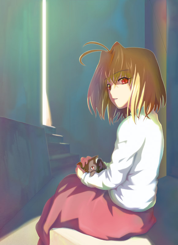 yukino koreyuki, arcueid brunestud, len (cat) (tsukihime), len (tsukihime), tsukihime, 00s, 1girl, ahoge, blonde hair, cat, female focus, headpat, long skirt, looking back, red eyes, short hair, skirt, solo, sweater, turtleneck