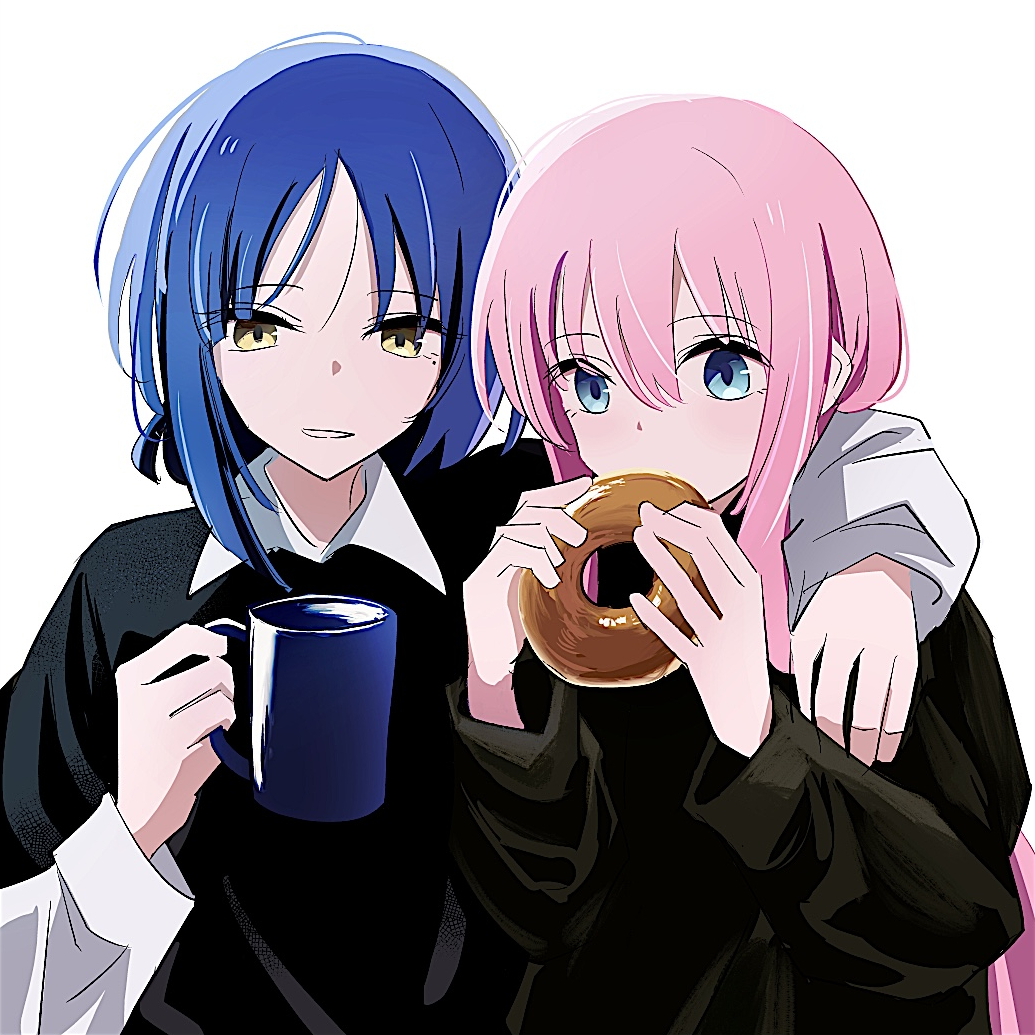 juppa sento, gotoh hitori, yamada ryo, bocchi the rock!, arm around shoulder, black shirt, blue eyes, blue hair, coffee mug, cup, donut, food, mole, mole under eye, mug, pink hair, shirt, white shirt, yellow eyes