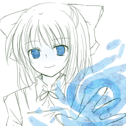 you at pome, cirno, phantasmagoria of flower view, touhou, bad id, bad pixiv id, lowres, 1girl, blue eyes, female focus, monochrome, solo, spot color, upper body, white background