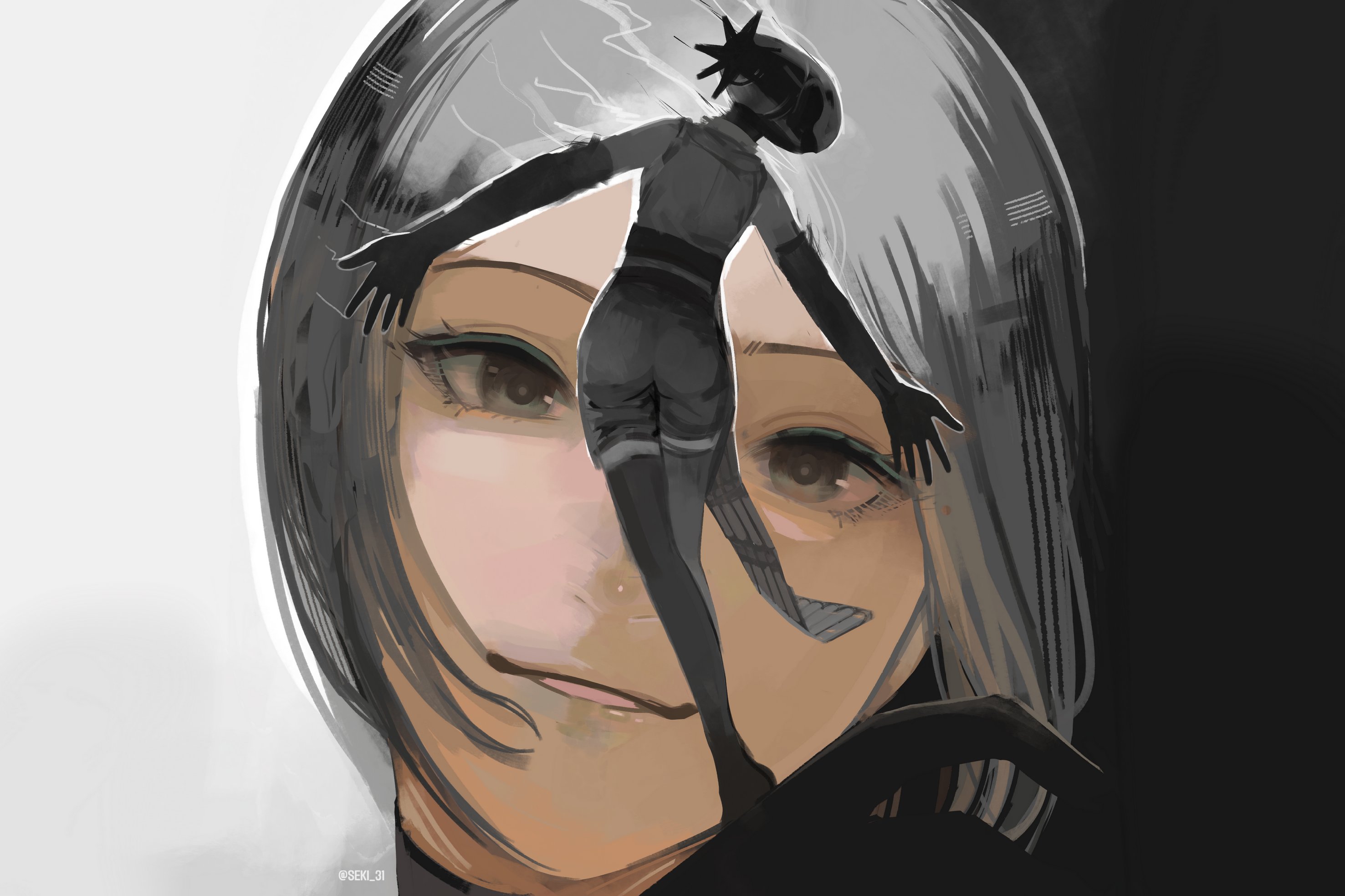 seki 31 (artist), bomb devil (chainsaw man), reze (chainsaw man), chainsaw man, highres, 1girl, apron, black apron, black gloves, black hair, bomb, explosive, gloves, nuclear weapon, object head, transformation