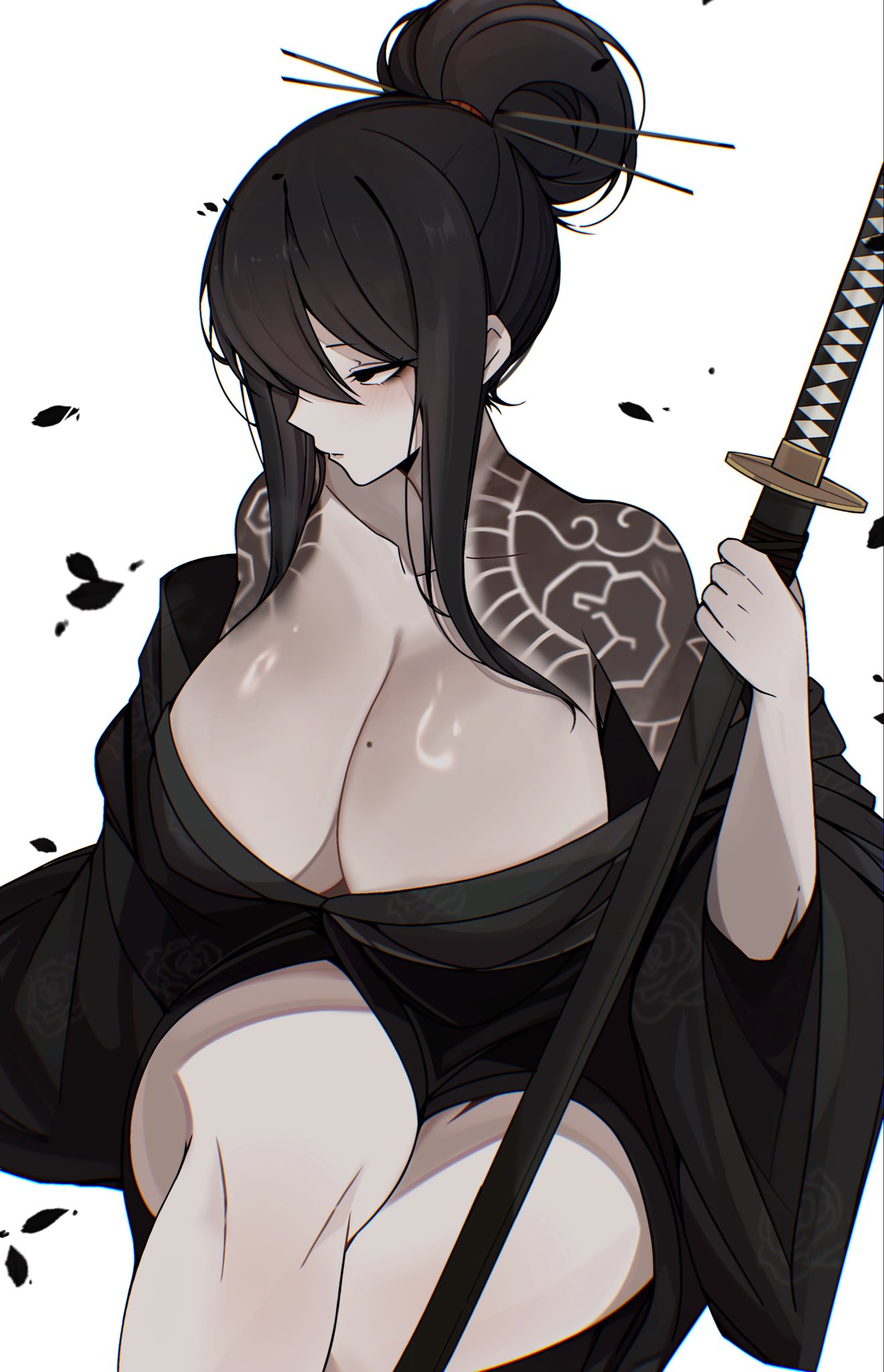 m ayonessa, original, commentary, english commentary, highres, 1girl, black eyes, black hair, black kimono, breasts, cleavage, closed mouth, folded hair, hair ornament, hair stick, holding, holding sword, holding weapon, huge breasts, japanese clothes, kimono, mole, mole on breast, off shoulder, sheath, sheathed, shoulder tattoo, sidelocks, simple background, sitting, sword, tattoo, weapon, white background
