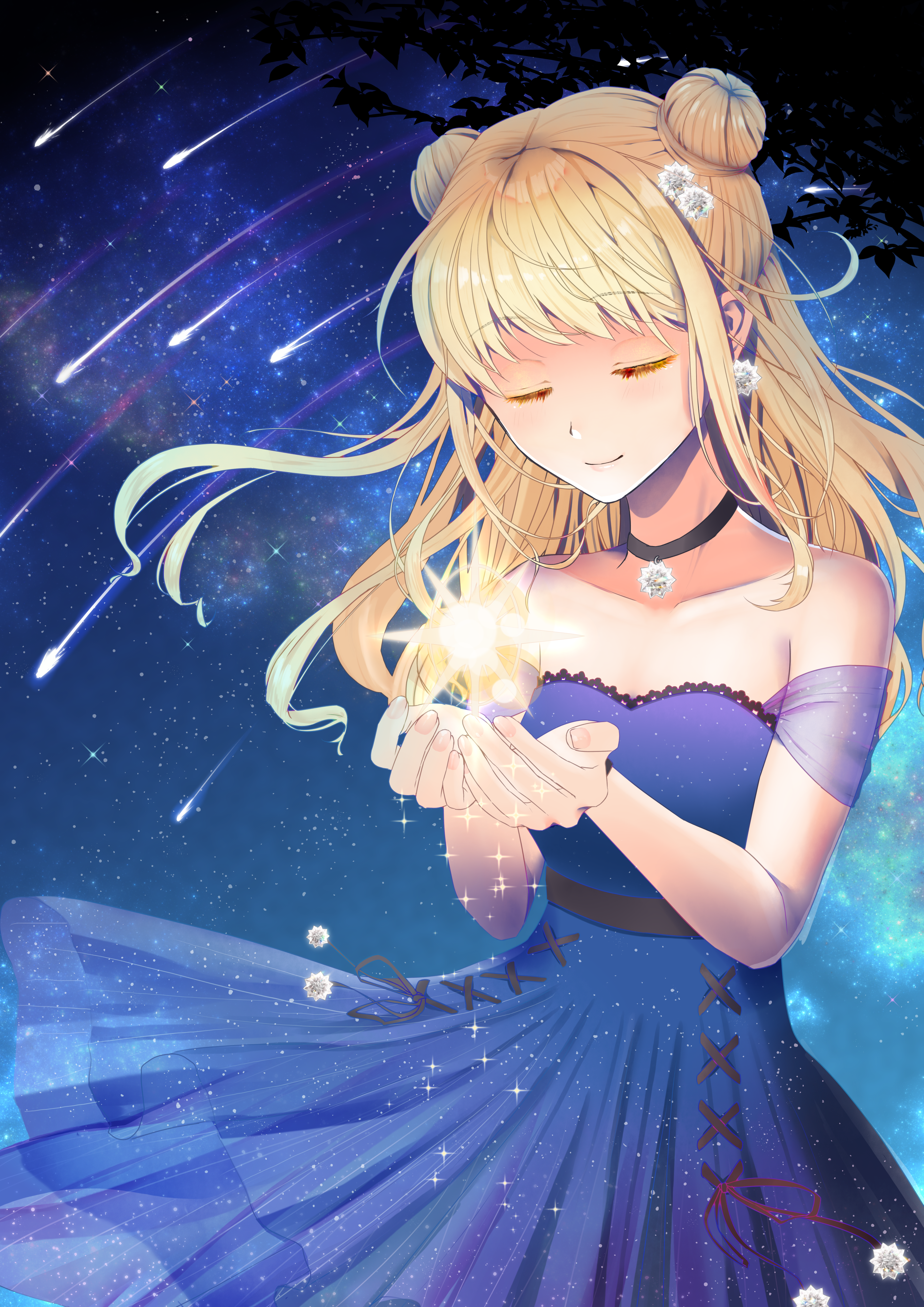 nikki (series), shining nikki, absurdres, commentary request, highres, 1girl, bare arms, bare shoulders, belt, black belt, black choker, blonde hair, choker, closed eyes, closed mouth, collarbone, colored eyelashes, cowboy shot, cross-laced clothes, cross-laced dress, detached sleeves, double bun, dress, dress ribbon, earrings, fingernails, floating clothes, floating hair, hair bun, hair ornament, happy, hayama (pixiv 69546509), holding, holding star, jewelry, lace, lace-trimmed dress, lace trim, lips, long hair, meteor shower, meteoric feather (shining nikki), night, night sky, outdoors, own hands together, pleated dress, pom pom (clothes), pom pom earrings, pom pom hair ornament, print dress, print sleeves, purple dress, purple sleeves, red ribbon, ribbon, see-through clothes, see-through sleeves, short dress, short sleeves, sky, smile, solo, sparkle, standing, star (sky), star (symbol), starry sky, starry sky print, tree, wavy hair, wind