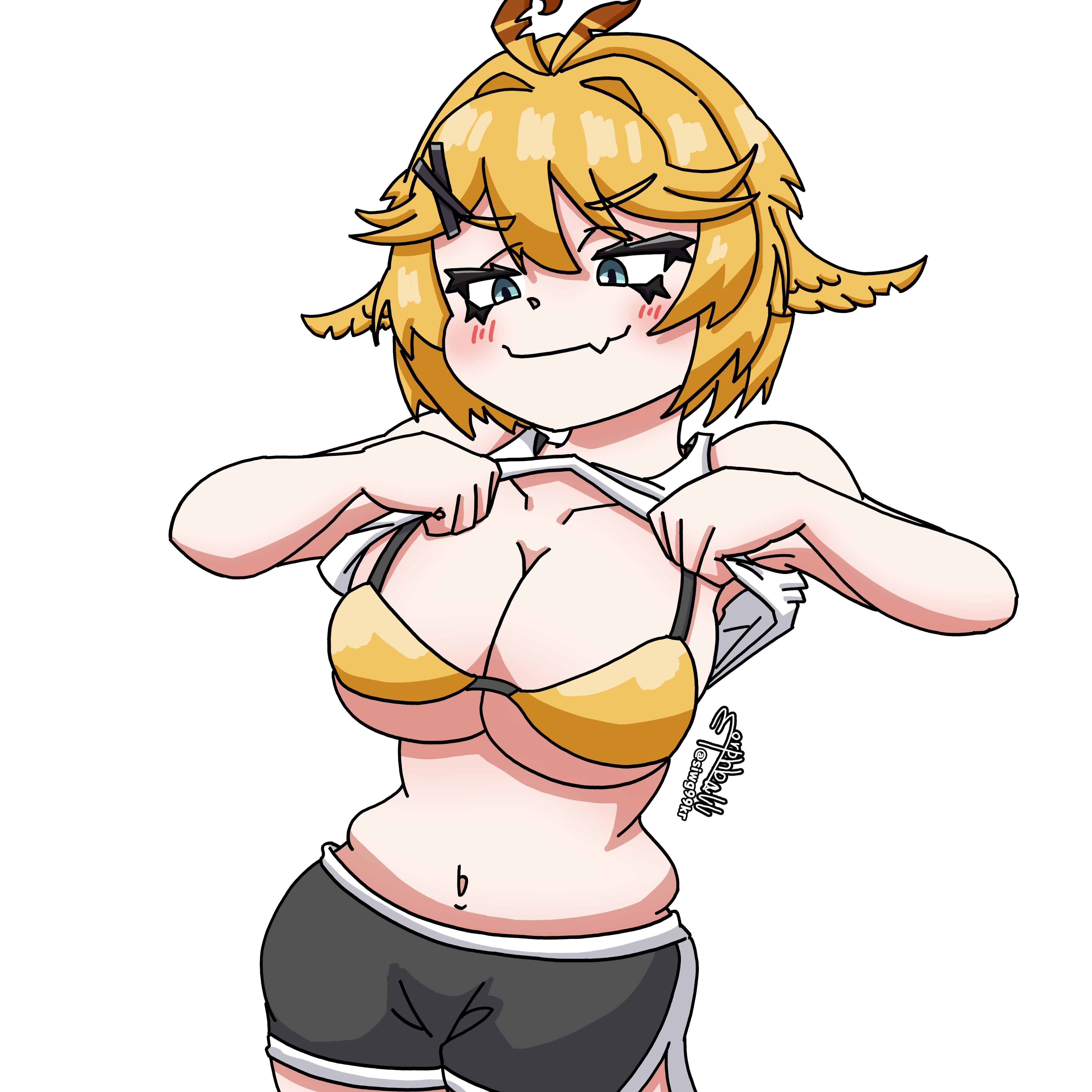 morphball, dokibird, indie virtual youtuber, absurdres, highres, bikini, blonde hair, breasts, gold bikini, large breasts, short shorts, shorts, swimsuit
