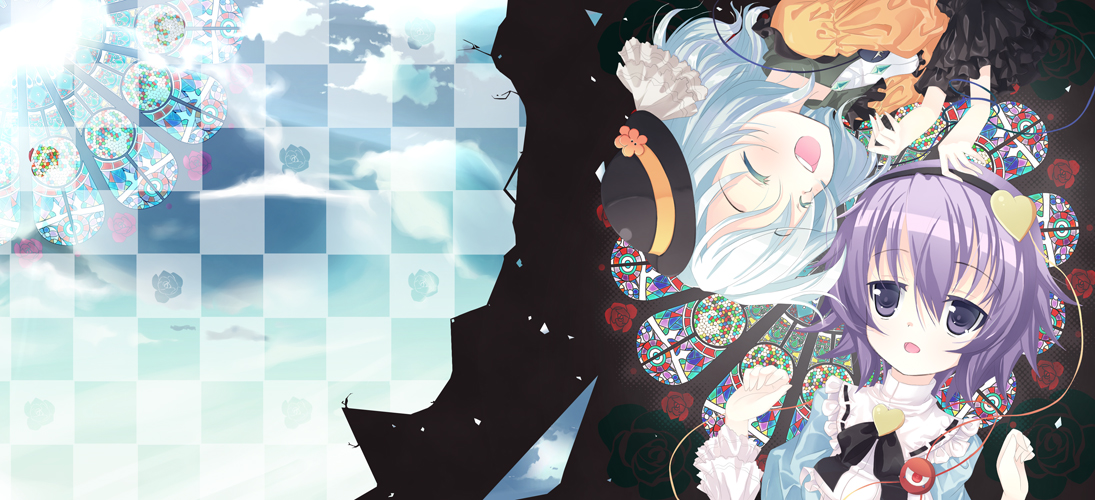 omiso, omiso (omiso), komeiji koishi, komeiji satori, touhou, bad id, bad pixiv id, 2girls, cloud, female focus, flower, hat, heart, multiple girls, purple eyes, purple hair, ribbon, rose, siblings, sisters, stained glass, white hair